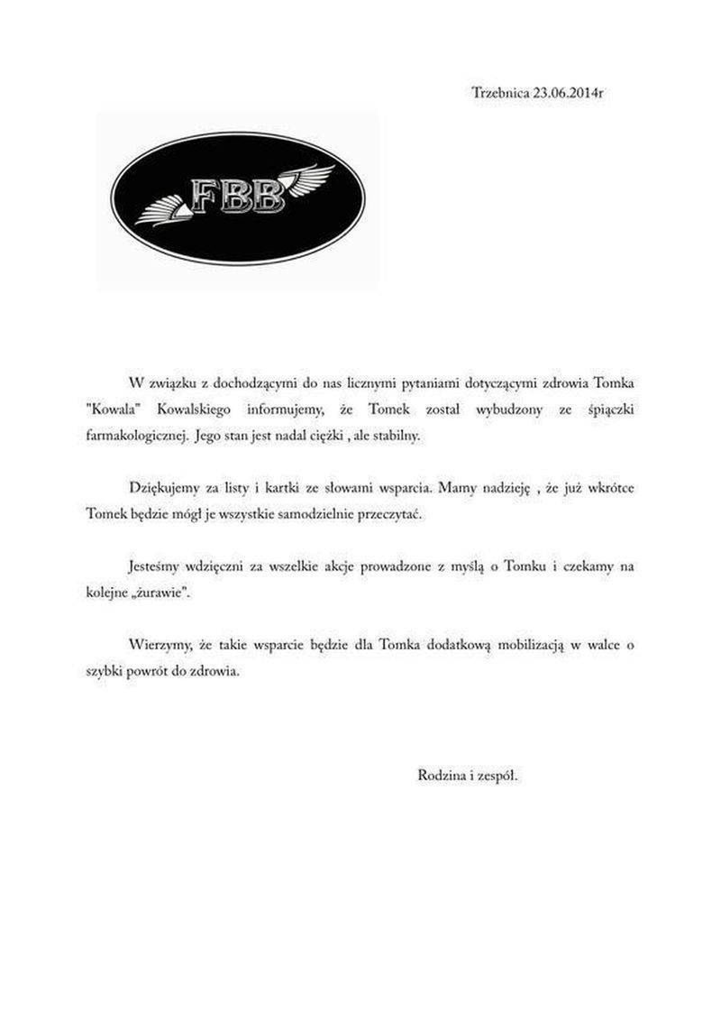 oświadczenie o stanie zdrowia Tomasza Kowalskiego, Facebook