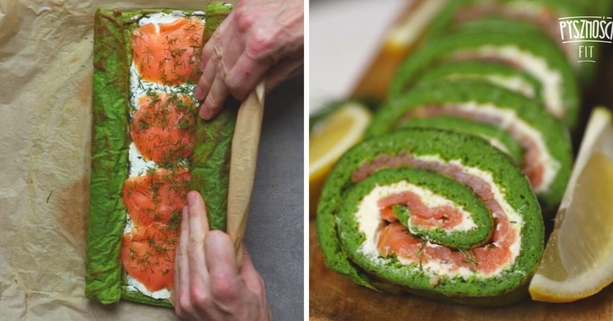 Szpinakowa rolada z łososiem i serkiem śmietankowym