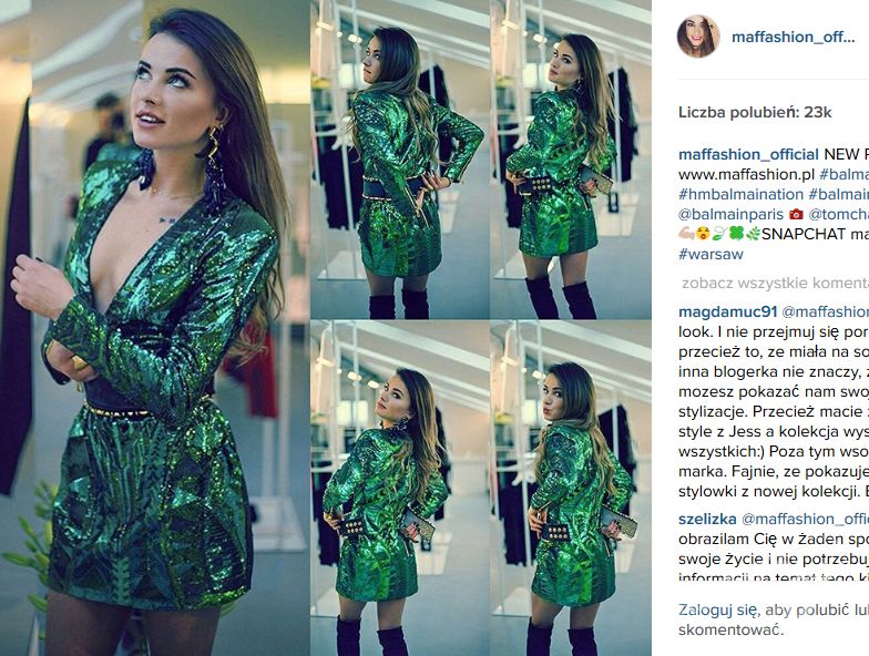 Maffashion w sukience (599 zł) z kolekcji Balmain x H&M (fot. Instagram)