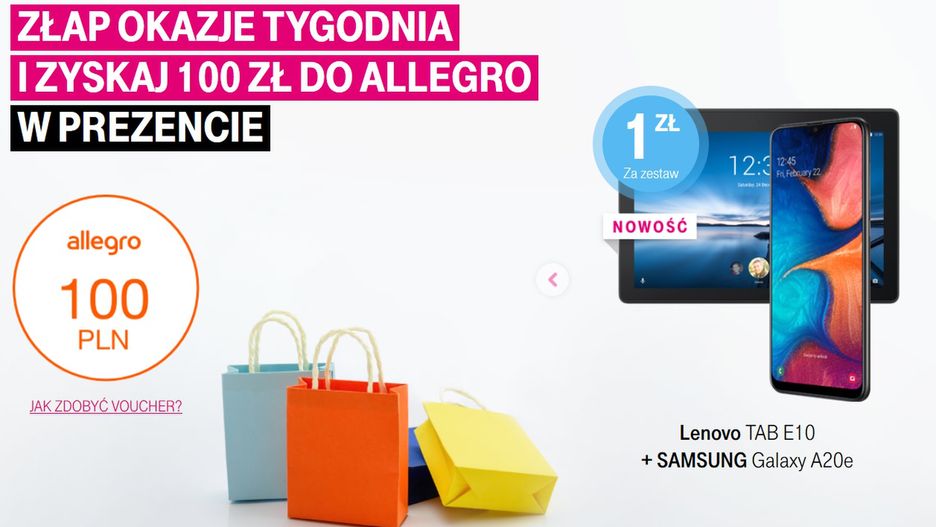 Kup Lenovo Tab E10 i Samsung Galaxy A20e za 1 zł i odbierz 100 zł do Allegro