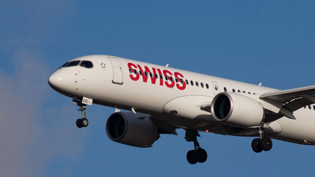 Swiss Airbus A220-300 aircraft with registration HB-JCQ landing at London Heathrow Airport in England, UK in the blue sky. The Airbus A220 is a new generation regional jet with advanced capabilities, narrow body airplane, the previously known Bombardier C Series  CS300 or BD-500. Swiss International Air Lines connects London to Geneva, Zürich and seasonal to Sion (Photo by Nicolas Economou/NurPhoto)