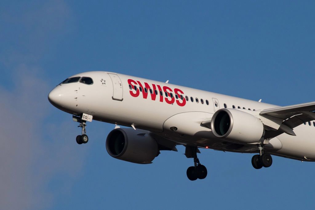 Swiss Airbus A220-300 aircraft with registration HB-JCQ landing at London Heathrow Airport in England, UK in the blue sky. The Airbus A220 is a new generation regional jet with advanced capabilities, narrow body airplane, the previously known Bombardier C Series  CS300 or BD-500. Swiss International Air Lines connects London to Geneva, Zürich and seasonal to Sion (Photo by Nicolas Economou/NurPhoto)