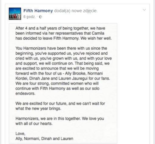 Oświadczenie zespołu Fifth Harmony