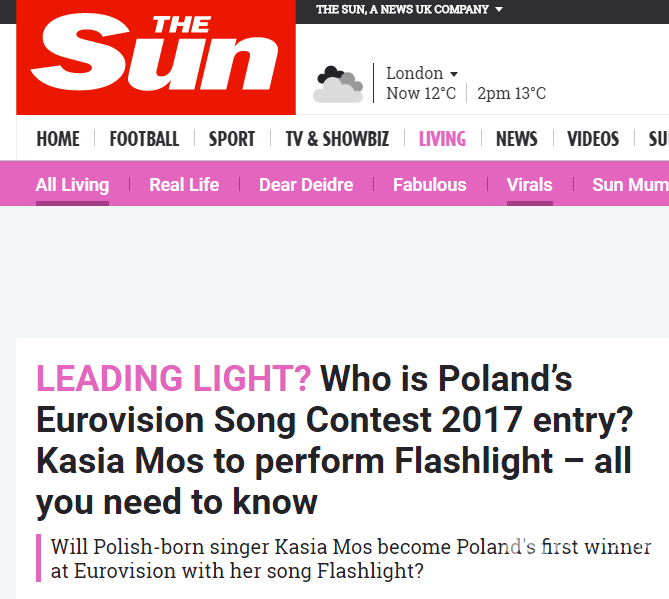 The Sun o szansach Kasi Moś na Eurowizji 2017