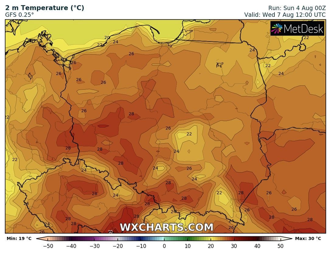 Pogoda. Mapa temperatury w środę