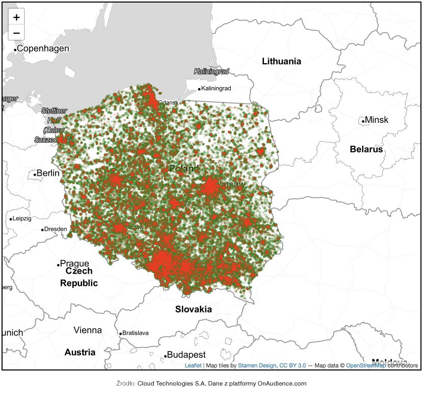 Polska, 16.03.2020. Kolor czerwony oznacza urządzenia do osób w podróży. Zielony to urządzenia, które osób niezmieniających miejsca pobytu: