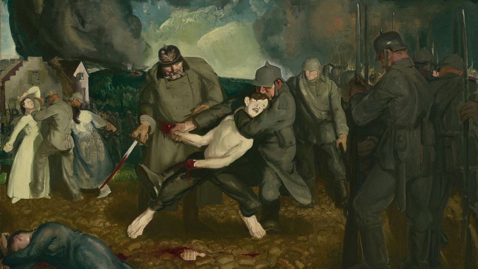 Niemcy od samego początku dopuszczali się zbrodni w Belgii. Na ilustracji fragment obrazu Georga Wesleya Bellowsa "Niemcy przybywają"