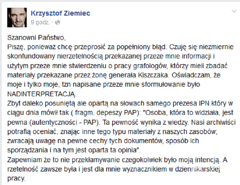 Facebook Krzysztofa Ziemca