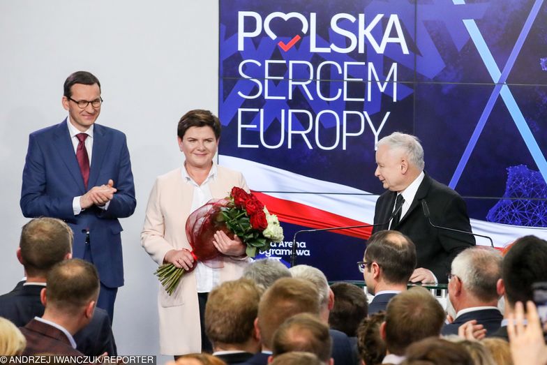 Wyniki wyborów do Parlamentu Europejskiego 2019. Na zdj. premier Mateusz Morawiecki (L), wicepremier Beata Szydło (C), prezes PiS Jarosław Kaczyński (P).