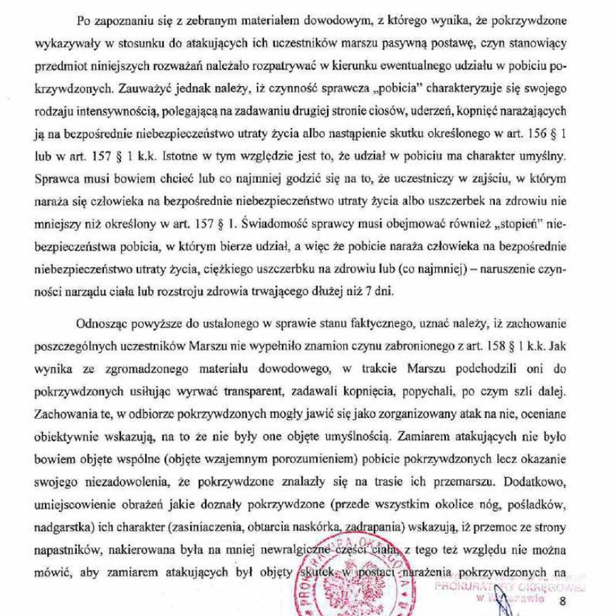 Fragment uzasadnienia o odmowie wszczęcia postępowania ws. napaści na protestujących przeciw Marszowi Niepodległości 