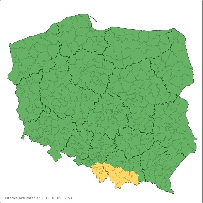 Tereny, gdzie obowiązuje ostrzeżenie IMGW 