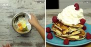 Czekoladowe pancakes z bitą śmietaną i malinami