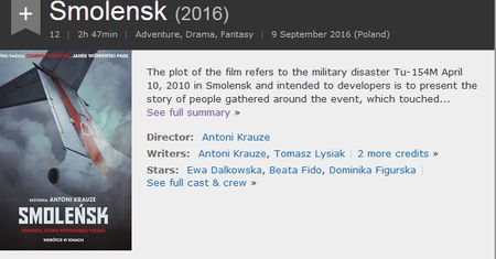 "Smoleńsk" w największej bazie filmowej IMDb. Słowa kluczowe opisujące film: "teoria konspiracyjna", "duchy"