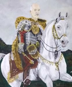 Obraz z podobizną Janusza Korwin-Mikkego trafił na aukcję. "Romantyczny wojownik na białym koniu". Cena już szybuje