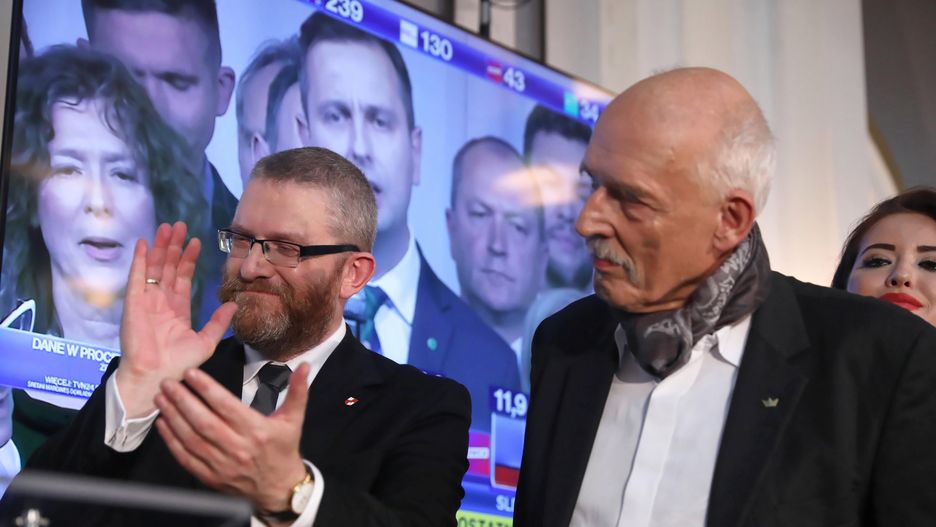 Janusz Korwin-Mikke i Grzegorz Braun na wieczorze wyborczym Konfederacji.