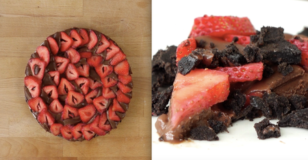 Przepyszne ciasto bez pieczenia z ciasteczkami Oreo, czekoladą i truskawkami.
