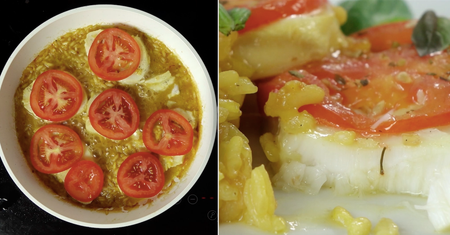 Pyszny dorsz z pomidorami, podawany z szafranowym risotto