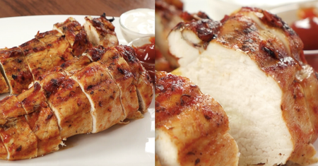 Pyszny grillowany kurczak z sosem meksykańskim, nadziewany serem mozzarella. Mniam!
