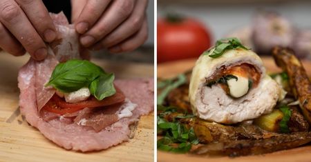 Roladki z indyka z mozzarellą podane z ziemniaczanymi łódeczkami