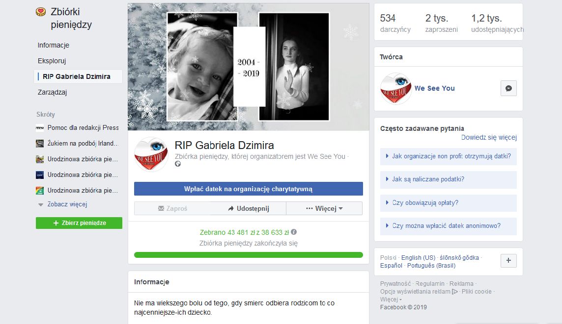 Gabrysia Dzimira - zbiórka na Facebooku 