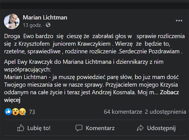 Marian Lichtman odpowiada Ewie Krawczyk