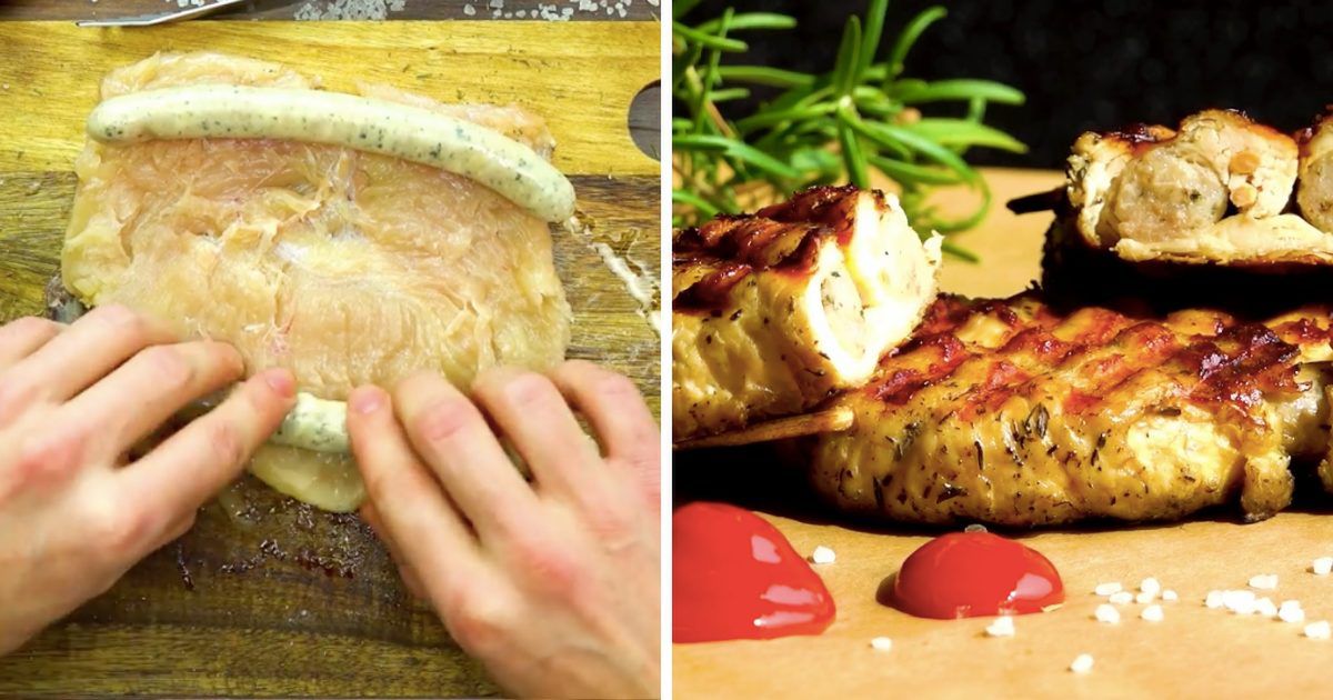 Kurczak z grilla w towarzystwie białych kiełbasek