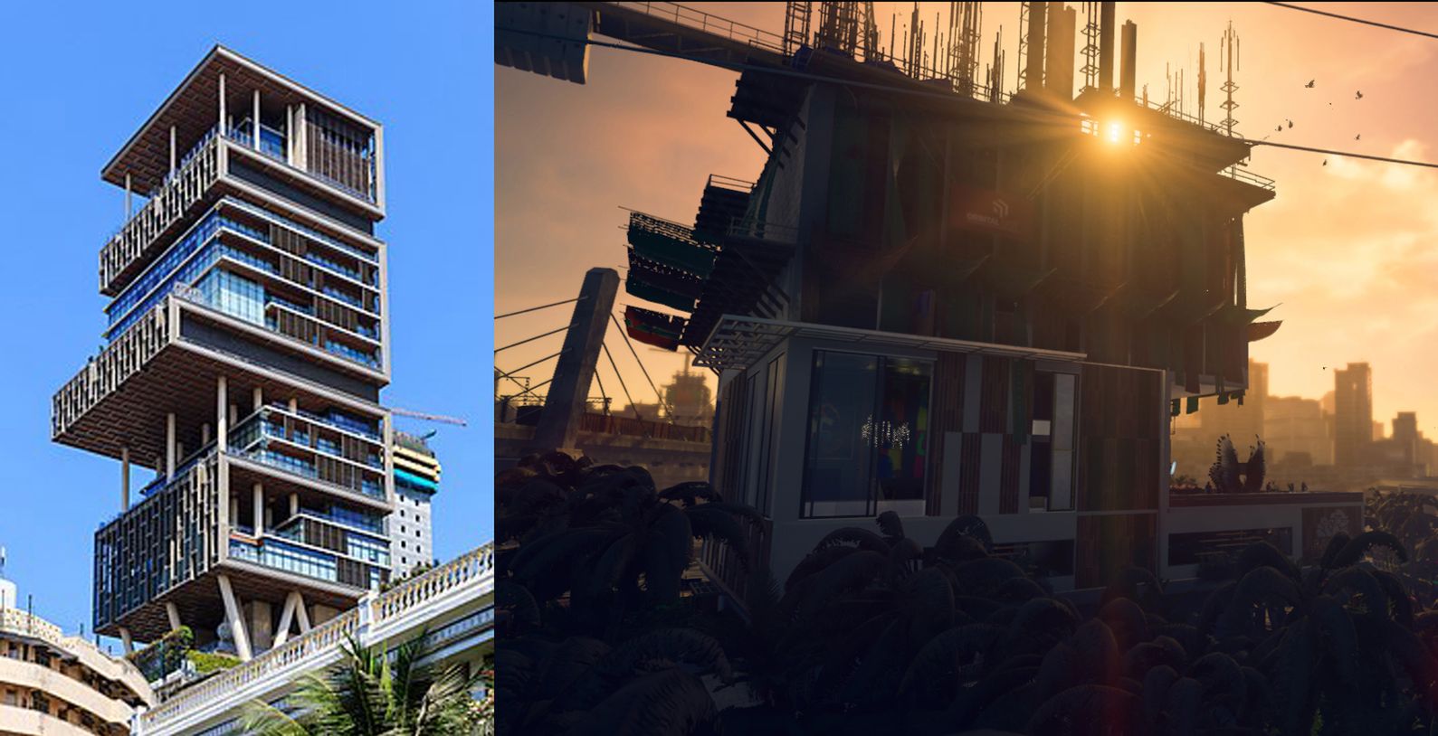 Po lewej Antilia, a po prawej Rangan Tower 