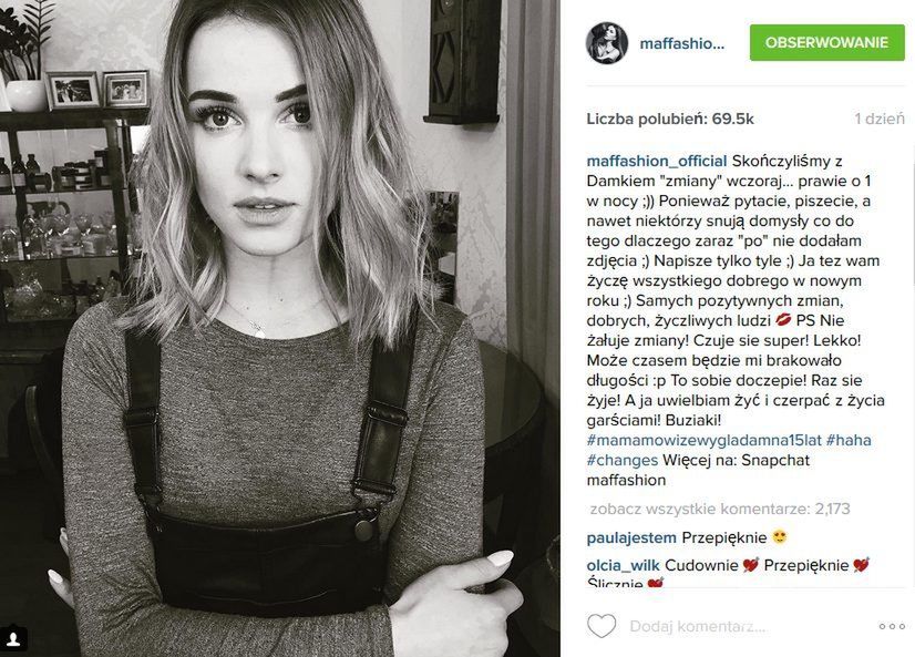 Maffashion ścięłaa włosy. Ma fryzurę typu lob, czyli long bob (fot. Instagram)