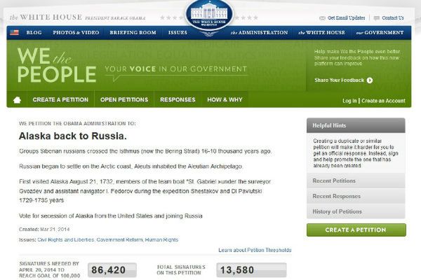 Petycja na stronie Białego Domu w sprawie odłączenia Alaski od USA