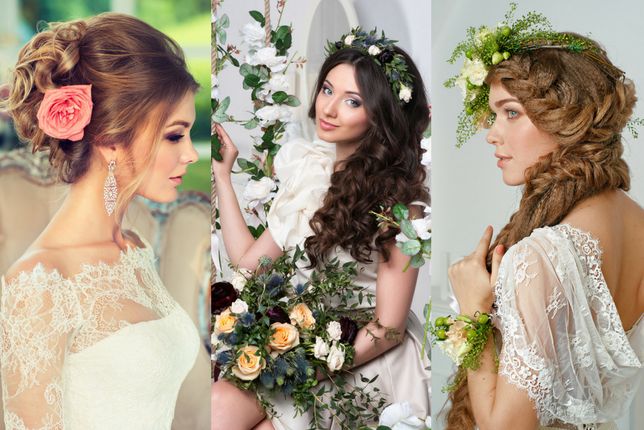 Fryzury ślubne z kwiatami pasują do stylu glamour, boho i botanical 