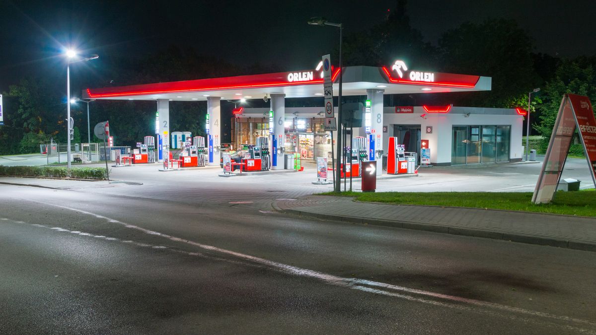 Gdansk, Poland - August 26, 2018: Orlen gas station at night.