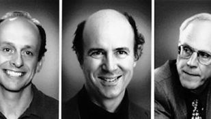 Na dużym zdjęciu od lewej: H. David Politzer, Frank Wilczek i David J. Gross