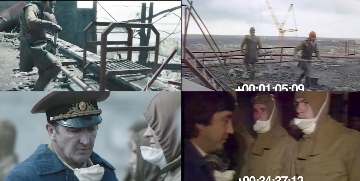 Po lewej: kadry z serialu "Czarnobyl". Po prawej: nagrania archiwalne