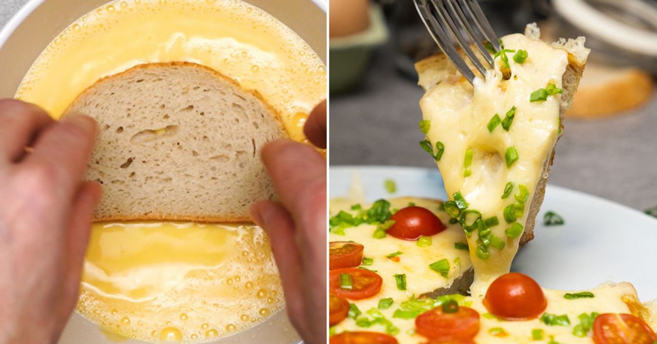 Mocno serowy omlet na chlebie. Śniadaniowa pizza w kilka minut