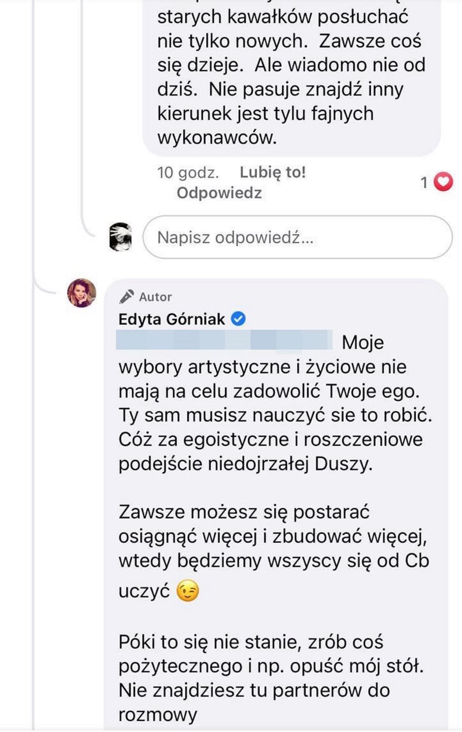 Edyta Górniak odpowiada na krytykę internauty