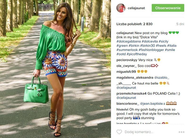 Celia Jaunat uwielbia ciuchy i dodatki ekskluzywnych marek, np. Hermes (fot. Instagram)