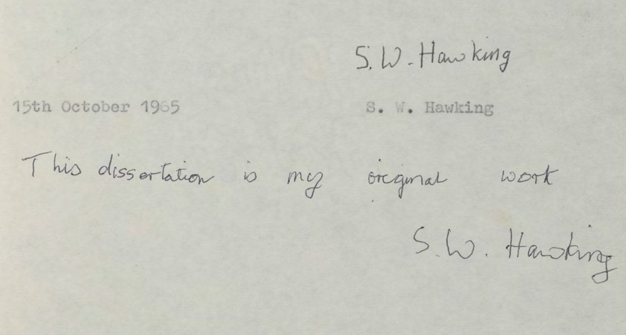 Fragment pracy doktorskiej Stephena Hawkinga. 