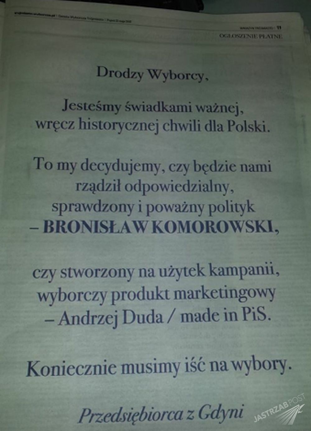 Ogłoszenie w gazecie nawołujące do głosowania na Bronisława Komorowskiego
Fot. screen z Facebook