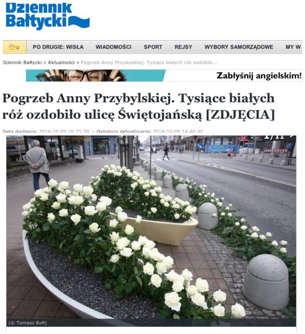 Anna Przybylska, pożegnanie
Fotografia: screen z DziennikBaltycki.pl / http://www.dziennikbaltycki.pl/artykul/3602777,pogrzeb-anny-przybylskiej-tysiace-bialych-roz-ozdobilo-ulice-swietojanska-zdjecia,id,t.html