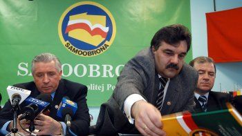 Andrzej Lepper i Krzysztof Filipek podczas konferencji prasowej