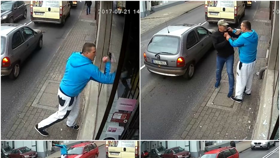 Nagranie przedstawia wandala, który najpierw wybija szybę, a potem, w czasie ucieczki, wpada pod samochód.