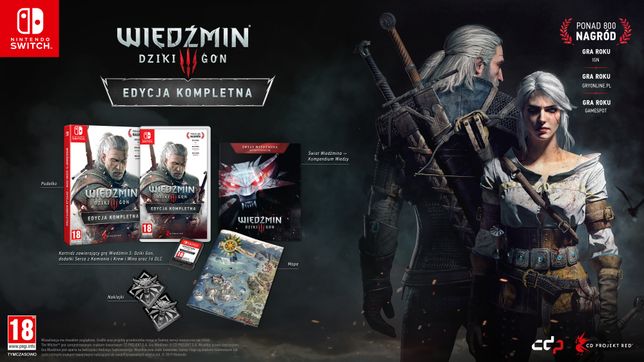 Zawartość pudełkowej polskiej edycji Wiedźmina 3 na Nintendo Switch. 