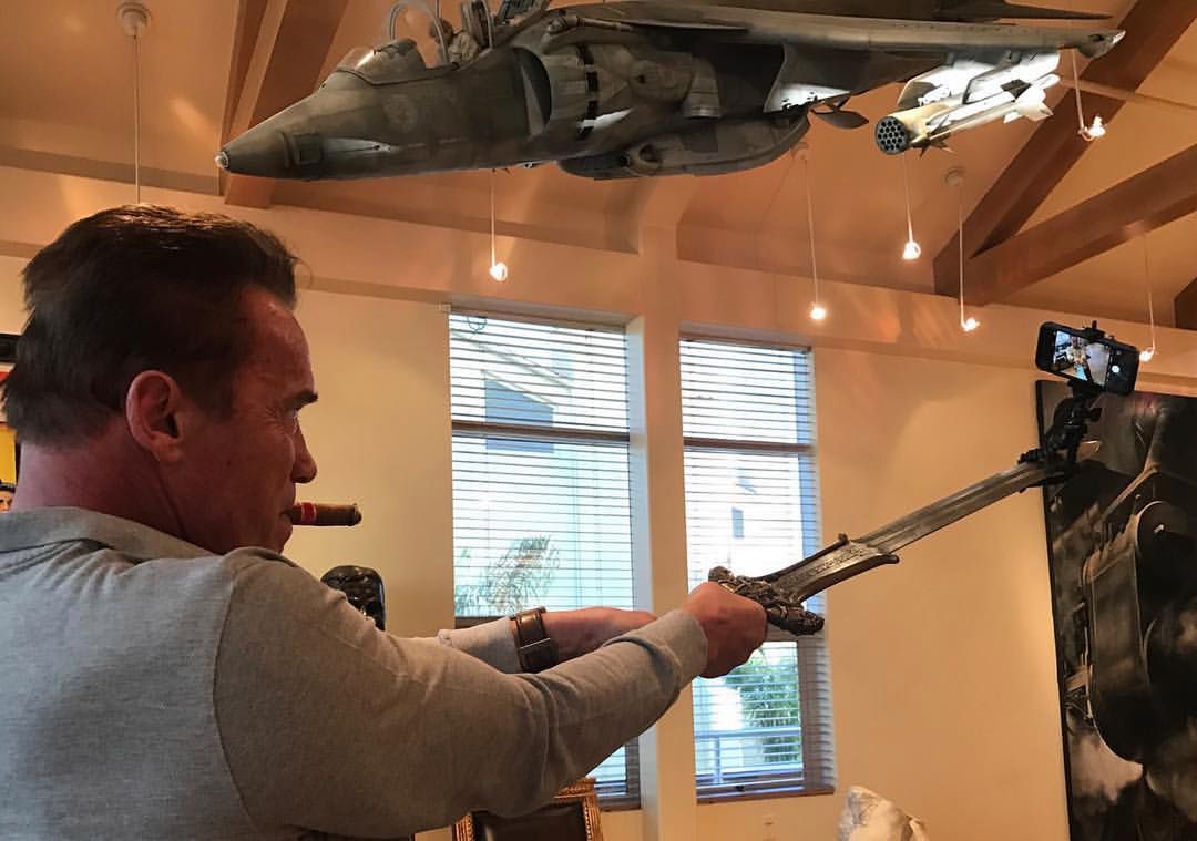 Arnold Schwarzenegger z cygarem, myśliwcem z filmu "Prawdziwe kłamstwa" i mieczem Conana w roli... selfie sticka 