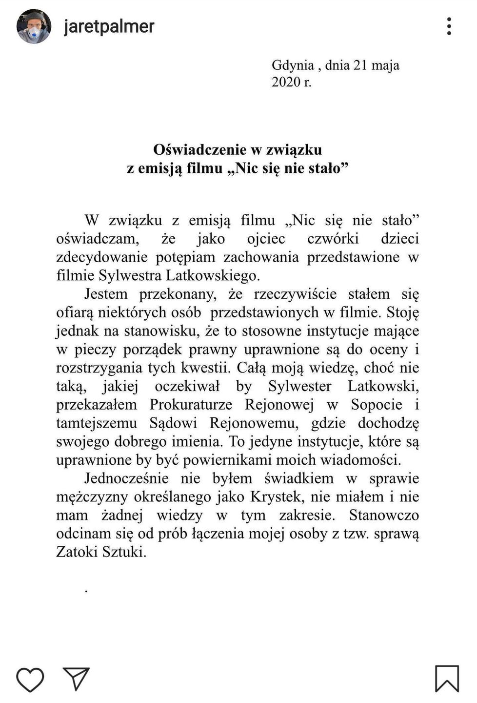 Jarosław Bieniuk wystosował oświadczenie