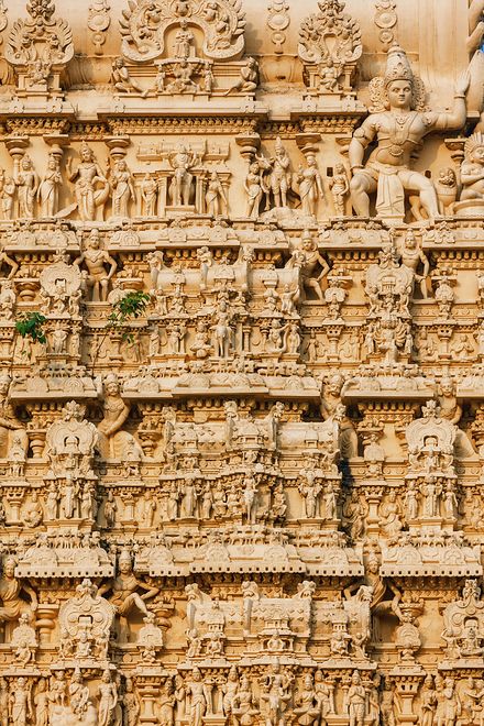 Thiruvananthapuram, India - Facade of Padmanabhaswamy temple was built in the Dravidian style and principal deity Vishnu is enshrined in it. architecture details of temle, sculptures 