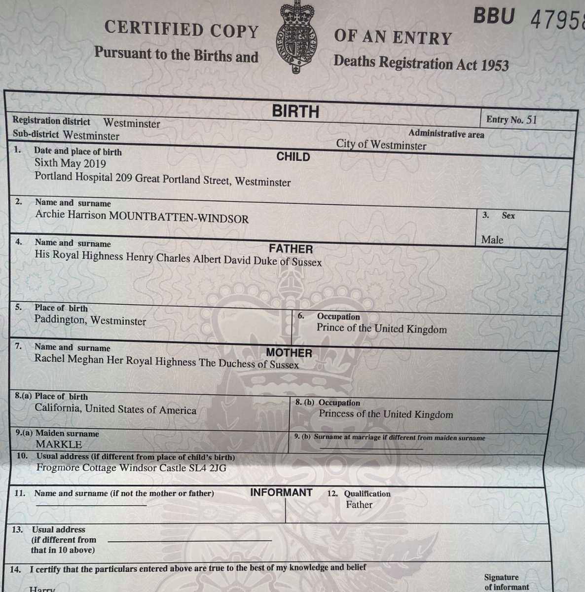 Akt urodzenia syna Meghan Markle
