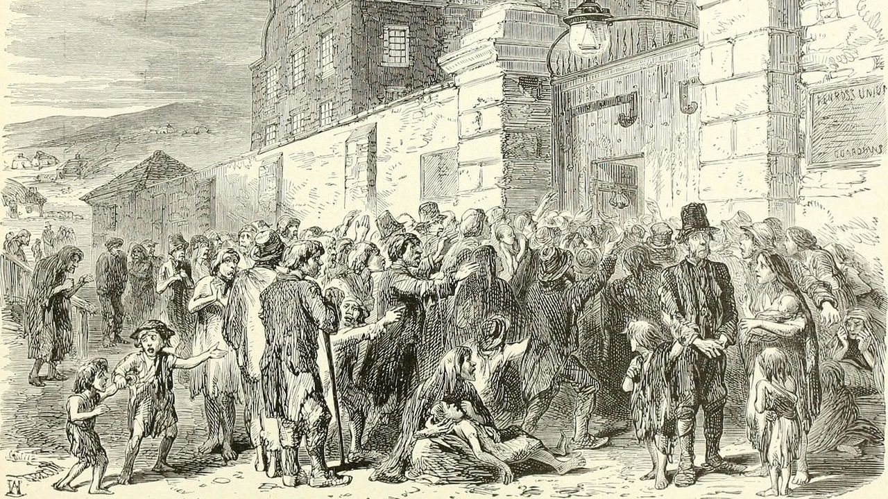 Irlandczycy przed wejściem do przytułku w czasie wielkiego głodu 