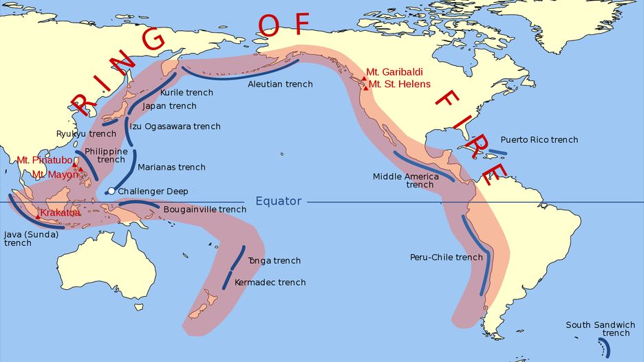 Pacyficzny Pierścień Ognia to strefa częstych trzęsień ziemi i erupcji wulkanicznych, złożona z pasu rowów oceanicznych, łuków wyspowych i aktywnych wulkanów,