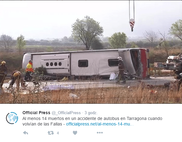 Wypadek autobusu ze studentami Erasmusa w Hiszpanii / źródło Twitter Official Press