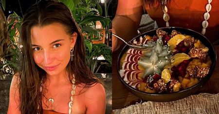 Spalona słońcem Julia Wieniawa pochyla się nad misą pełną balijskich przysmaków. "Trochę nie skontrolowałam"